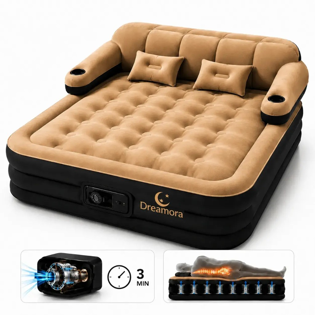 Dreamora inflatable mattress with built-in electric pump and backrest